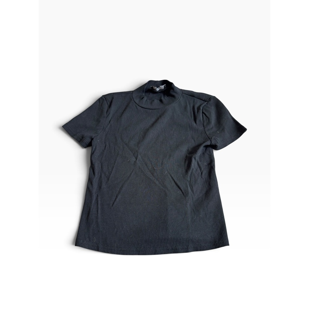 7 For All Mankind Mock Neck Top XS Black Ribbed Short Sleeve 7Y433D93-BLK